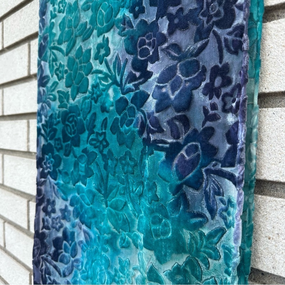 Velvet Burnout Teal Purple Whimsigoth Rectangle Scarf Fringe Fairycore - Picture 4 of 6